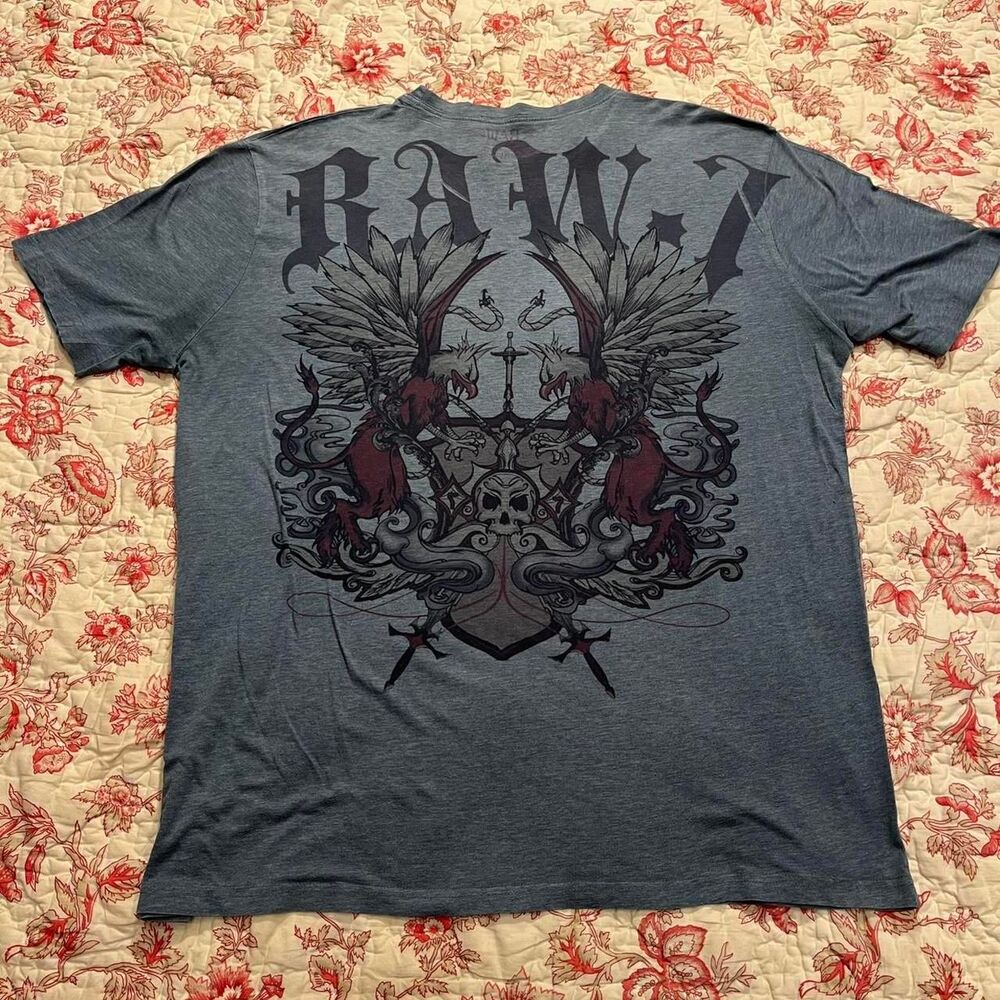 Affliction Men's Grey and Blue T-shirt